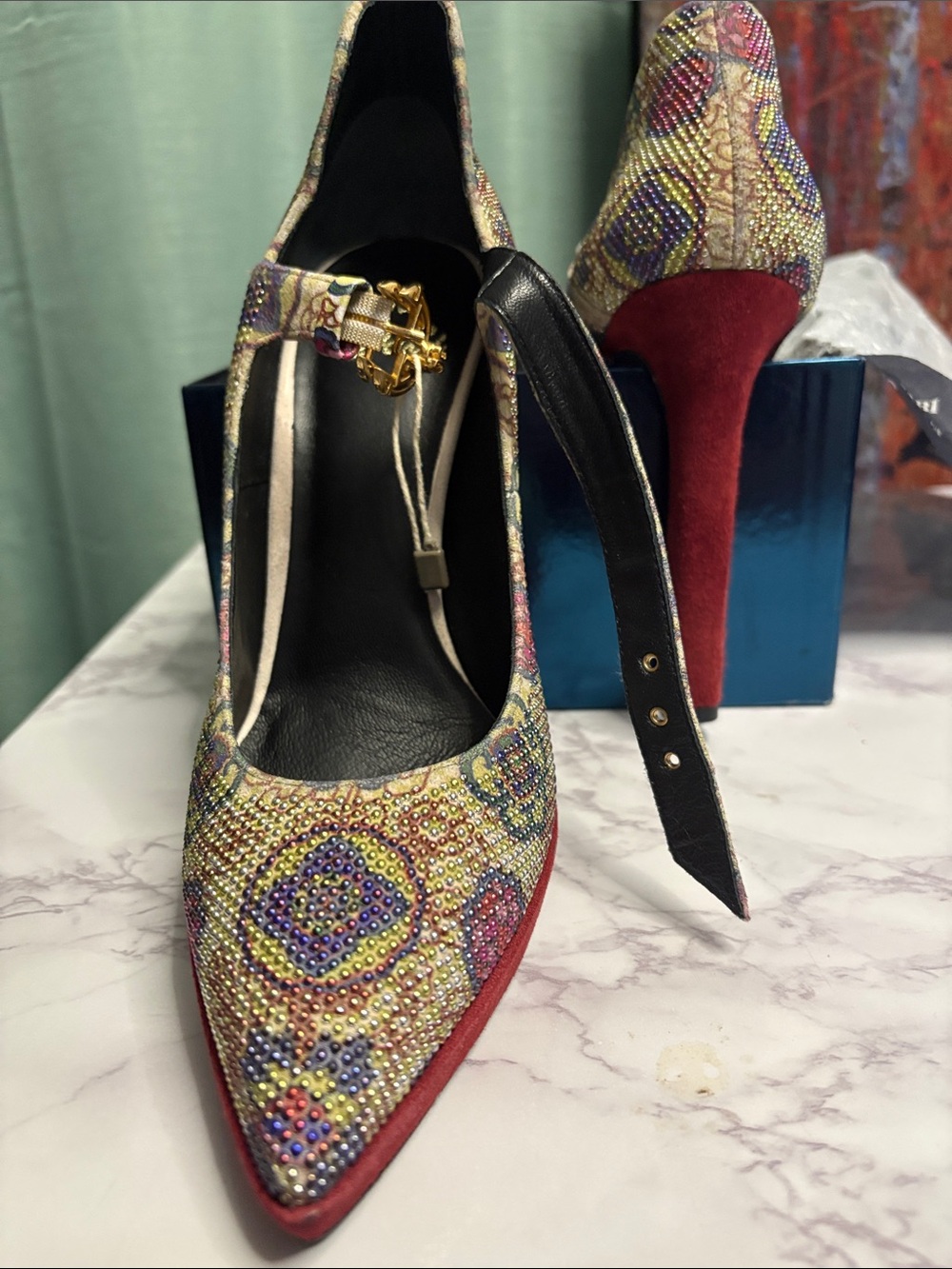 Fabi Multicolor Jeweled Pointed-Toe Mary Jane Heels - Picture 4 of 8